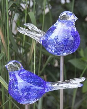 2er Set Gartenstecker Glasvogel Deko Beetstecker Handarbeit Skulptur Vogel (Blau)